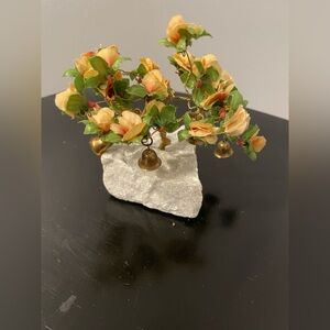 VTG Prosperity Tree Brass bells & light orange Fabric Flowers w/marble Base